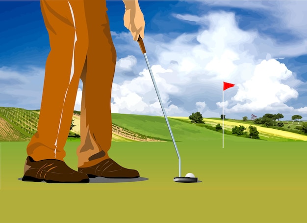 ゴルフクラブのバックグラウンドとゴルファーのイメージ ベクトル 3d 手描きイラスト
