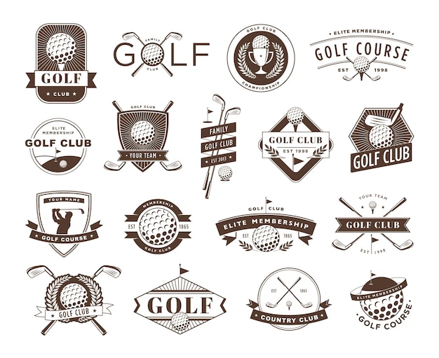 Distintivi del club di golf emblema del corso di gioco etichetta della silhouette della pallina da golf e set di illustrazioni vettoriali per lo stile di vita sportivo