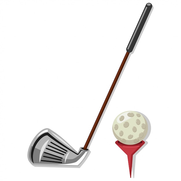 Golf club and golf ball on red tee cartoon  isolated