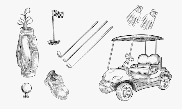 골프 클럽 벡터 손으로 그린 아이콘 및 디자인 요소 세트 골프 카트 공 클럽 가방 및 액세서리 스케치 그림 야외 레저 활동 물건
