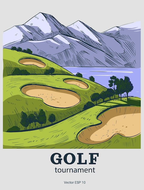 Corso di golf. schizzo illustrazione vettoriale. golf club, torneo di golf