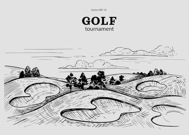 Corso di golf. schizzo illustrazione vettoriale. golf club, torneo di golf