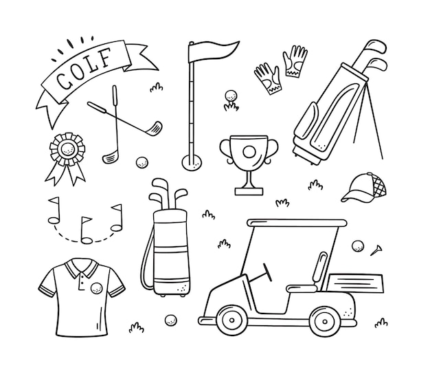 Vettore attrezzatura da golf - mazza, palla, bandiera, borsa e carrello da golf in stile doodle. abbigliamento da golf. disegnato a mano.