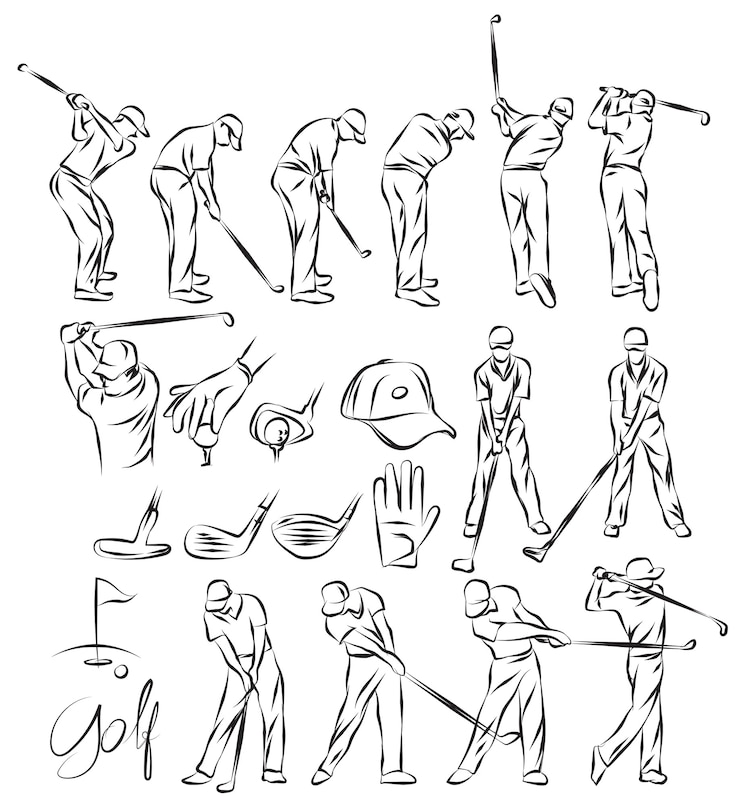 Vector golf and equipment sketch and drawing black and white