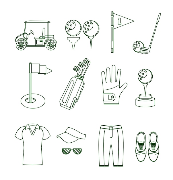 Vector golf equipment thin line design style set for mobile and web app. vector illustration