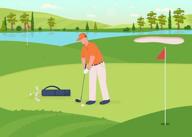 Vettore illustrazione di colore piatto del gioco di golf. giocatore professionista con club di guida. l'uomo ha colpito la palla. gioco del torneo. stile di vita attivo. personaggio dei cartoni animati di giocatore di golf maschio 2d con paesaggio archiviato sullo sfondo