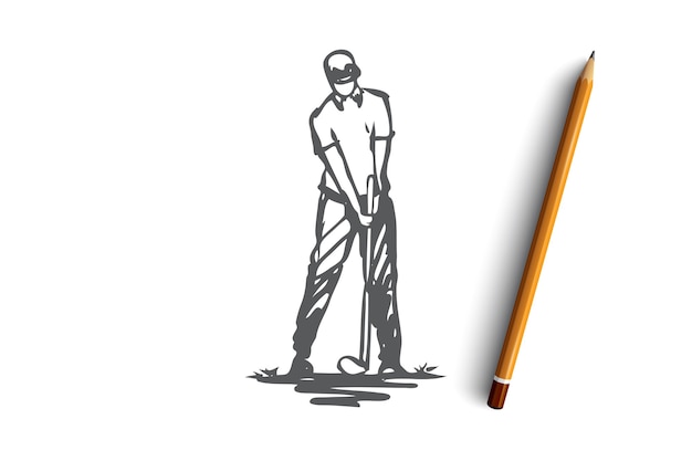 Golf, gioco, giocatore, golfista, concetto di golf. giocatore di golf disegnato a mano nel processo di schizzo del concetto di gioco. illustrazione.