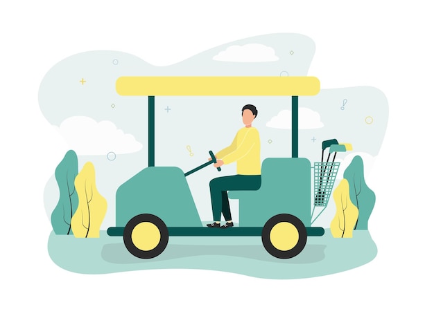 Golf illustration A man rides in a golf car with clubs on the field against a background of trees A man sits in a golf cart with a set of clubs on a golf course against a background of plants