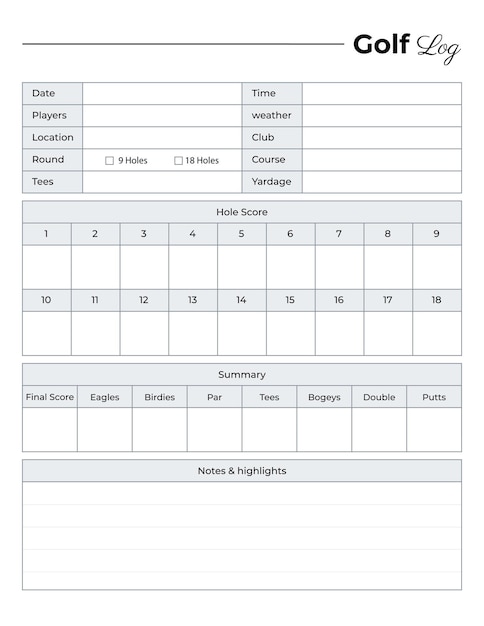 Vector golf log book interior template