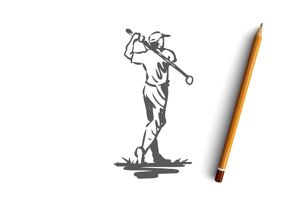 Golf, man, bal, spel, sport concept. Hand getekende man golfen buiten concept schets. illustratie.