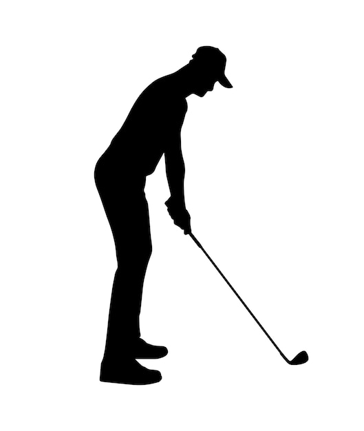 Sagoma della persona del giocatore di golf icona nera piatta a forma di ombra semplice vettoriale isolata su sfondo bianco elemento di design con emblema del logo uomo sportivo che gioca a un gioco sportivo