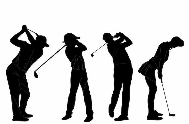 golf player silhouettes playing golf with a golf club on a white background