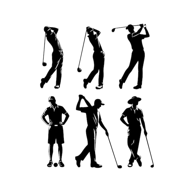 Vettore set di illustrazioni vettoriali delle silhouette dei giocatori di golf.