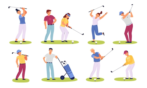 Vector golf players people male and female golfers sportive characters club members play on green fields hitting ball with stick sport summer outdoor activity vector cartoon flat style isolated set