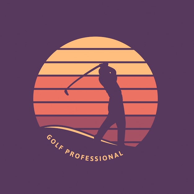 Modello di logo retrò vintage professionale di golf con silhouette e tramonto