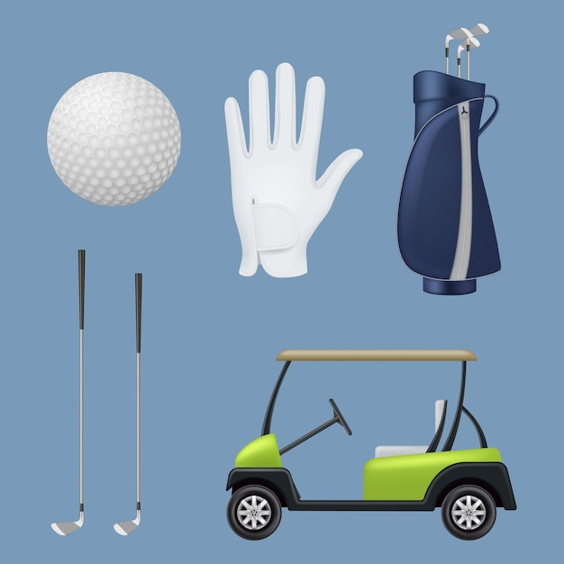 Golf realistisch Sport professionele uitrusting voor golfclub ballen zak auto stick fatsoenlijke vector illustraties set