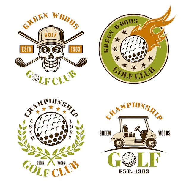 Set da golf di quattro emblemi vettoriali colorati, distintivi, etichette o loghi in stile vintage isolati su sfondo bianco