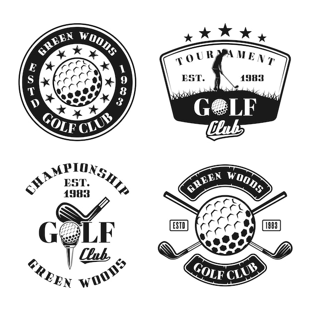 Set da golf di quattro emblemi, distintivi, etichette o loghi vettoriali in stile monocromatico vintage isolato su sfondo bianco