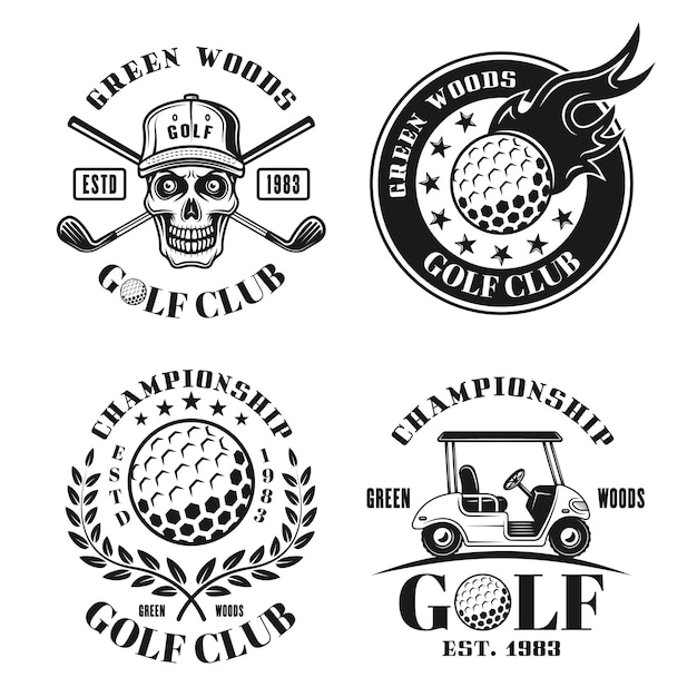 Set da golf di quattro emblemi, distintivi, etichette o loghi isolati vettoriali in stile retrò