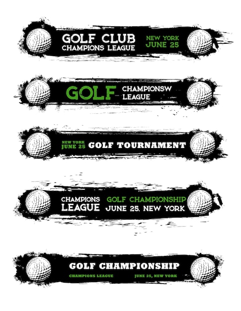 Golf sport club grunge banners of white balls of golfer player\
and black paint brush strokes and smears golf sport game league\
match isolated vector flyers with golfing course balls