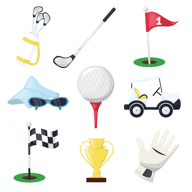 Golf sport equipment club stick, ball and hole on tee or cart car on green course for championship or tournament. golf stick, ball, glove, flag, car and bag.