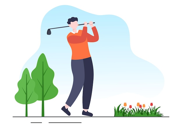 Golf Sport Illustratie Met Vlaggen En Apparatuur Op Outdoors Yard Groene Planten Spelen