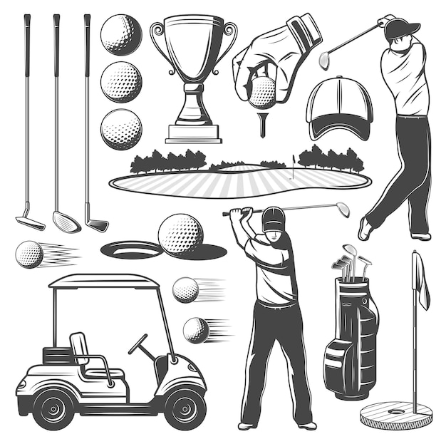 Vector golf sporting items player monochrome icons