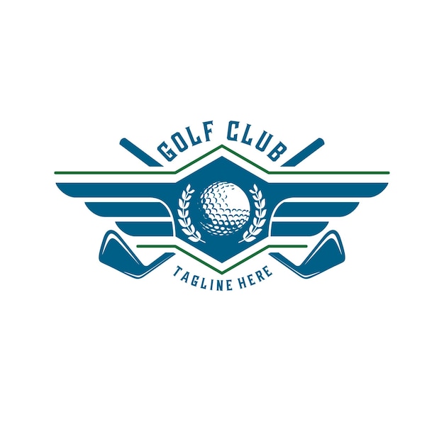 Logo di ispirazione sportiva da golf. concetto di pallina da golf con ali allungate. per mazze da golf.
