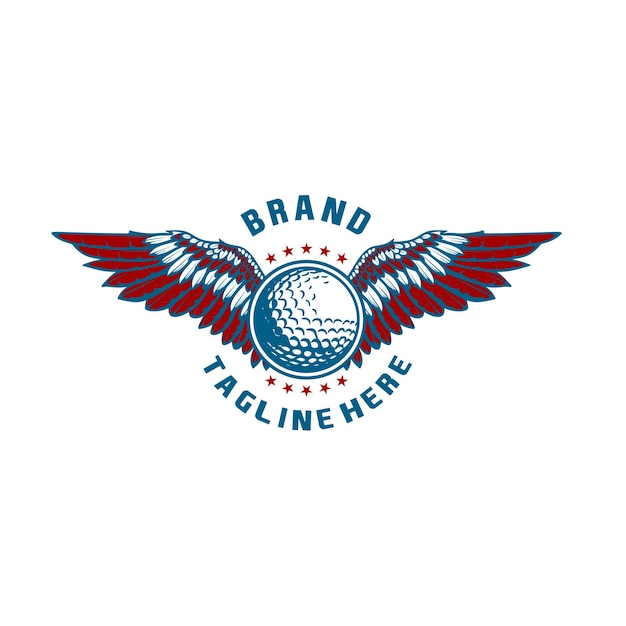 Logo di ispirazione sportiva da golf. concetto di pallina da golf con ali allungate. per mazze da golf.