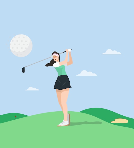 Golf swings with woman in flat style illustration