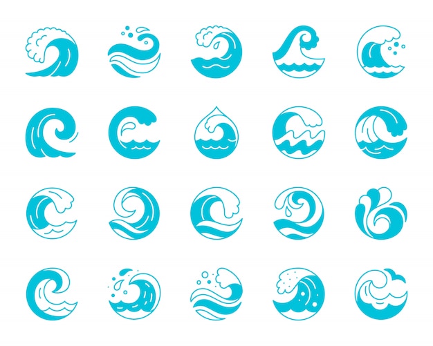 Golf, water splash, surf golf, glyph, blauwe silhouet icon set.