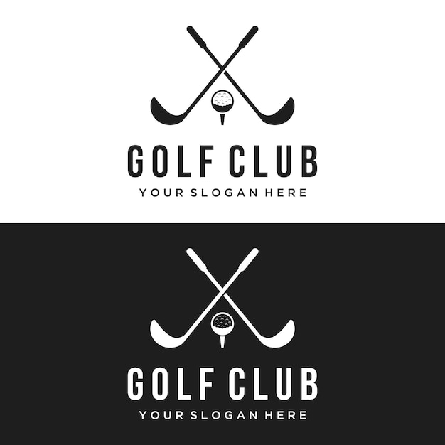 Golfbal en stok en golfbaan logo sjabloonontwerp Logo voor professioneel golfteam golfclubtoernooi zakelijk evenement