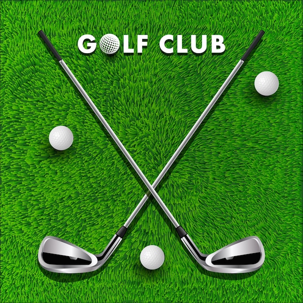Golfballen staan op het groene gras voor een logo voor de golfclub.