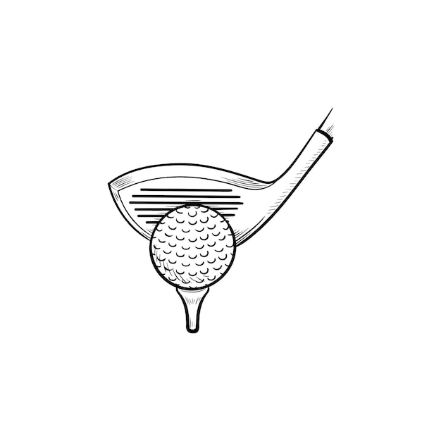 Golfclub en bal op tee hand getrokken schets doodle pictogram. Set golfuitrusting, golfcompetitie concept