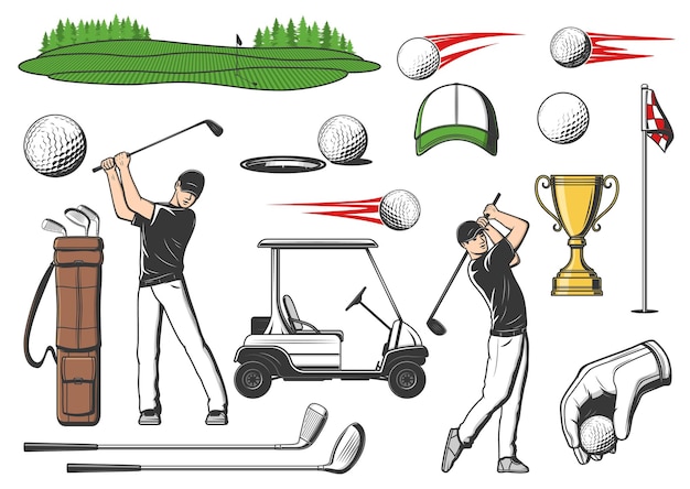 Vettore articoli sportivi per golfisti e mazze da golf, icone vettoriali per attrezzature di gioco per tornei o campionati. carrello per mazze da golf, coppa della vittoria e giocatore con mazze da golf e birilli sul campo da tee verde o putter