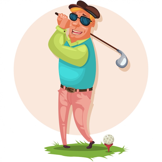 Гольфист в солнцезащитных очках стоит на траве с палкой для гольфиста.