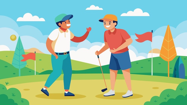벡터 골퍼 들 은 따뜻 한 여름 을 즐기면서 골프장 을 돌아다니면서 우호적 인 농담 을 나누고 있다