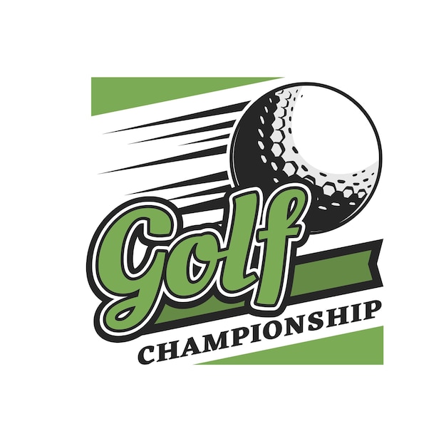 Golfkampioenschap icoon van vliegende bal met snelheid bewegingspad vector sport spel apparatuur van golfer speler geïsoleerde groene badge van golf sportclub en toernooi wedstrijd ontwerp