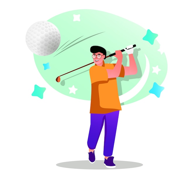 Vector golfspeler plat karakter concept voor webdesign gelukkige man slaat de bal met een clubtraining