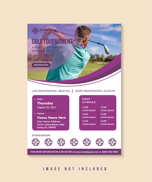Vector golftoernooi flyer ontwerpsjabloon gebruik verticale lay-out kromme ruimte voor fotocollage multicolor
