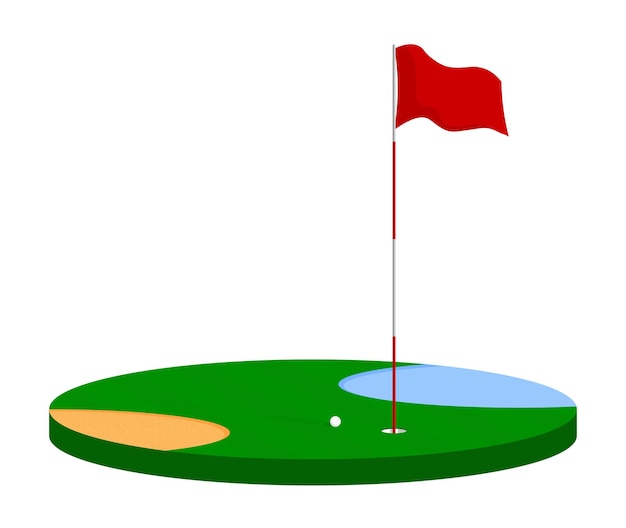 golfvlag op paal op groen veld Golfgat op koers gemarkeerd met vlag Actieve levensstijl Isometrische vector geïsoleerd op witte achtergrond