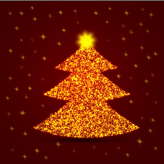 Golg Christmas tree with sparkling particles on red background Holiday illustration