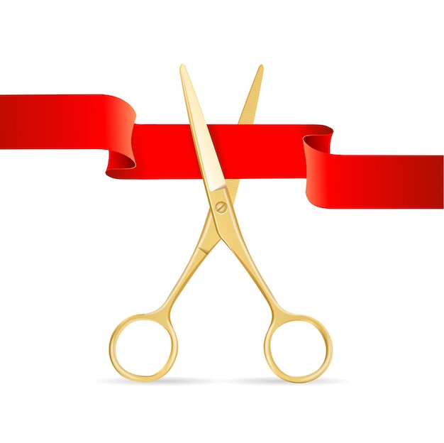Golg Scissors Cut Red Ribbon. Opening Ceremony.