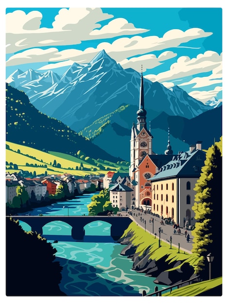 Vector golling an der salzach austria vintage travel poster souvenir postcard portrait painting wpa