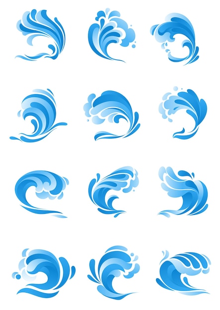 Golven pictogrammen. vector geïsoleerde symbolen van oceaan- of zeeblauwe watergolf in de vorm van spatten, stormachtige krullende zeegolven, getijdenwaterrollen, schuimige stormachtige krullen, golvende stromen met surfstormen voor badges of