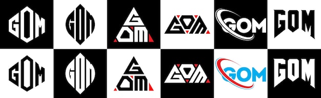 Gom letterlogo-ontwerp in zes stijlen gom veelhoek cirkel driehoek zeshoek platte en eenvoudige stijl met zwart-witte kleurvariatie letterlogo in één tekengebied gom minimalistisch en klassiek logo