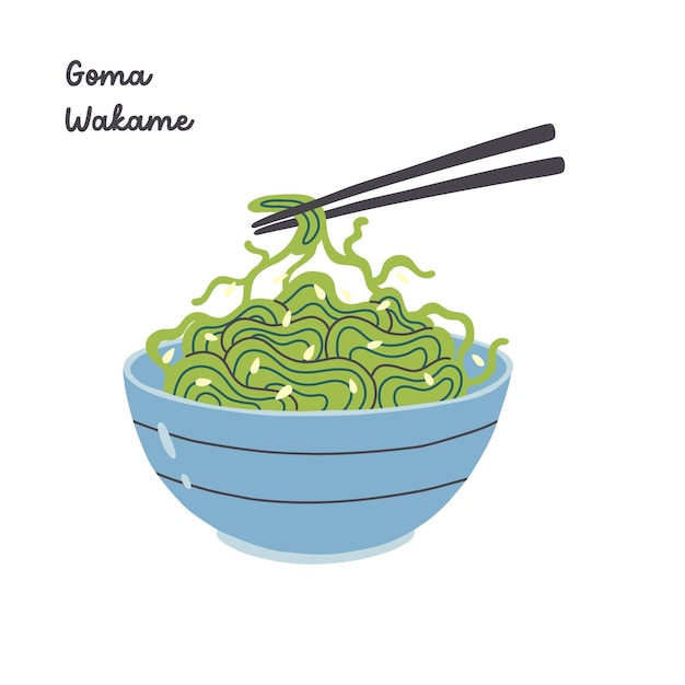 Goma Wakame-schotel. Traditionele Japanse salade. Aziatisch eten platte illustratie op geïsoleerde witte backgro