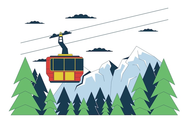 Vector gondola skilift berg boslijn cartoon vlakke illustratie riding lift ski lift 2d lineart landschap geïsoleerd op witte achtergrond ski resort winter seizoen scène vector kleur beeld