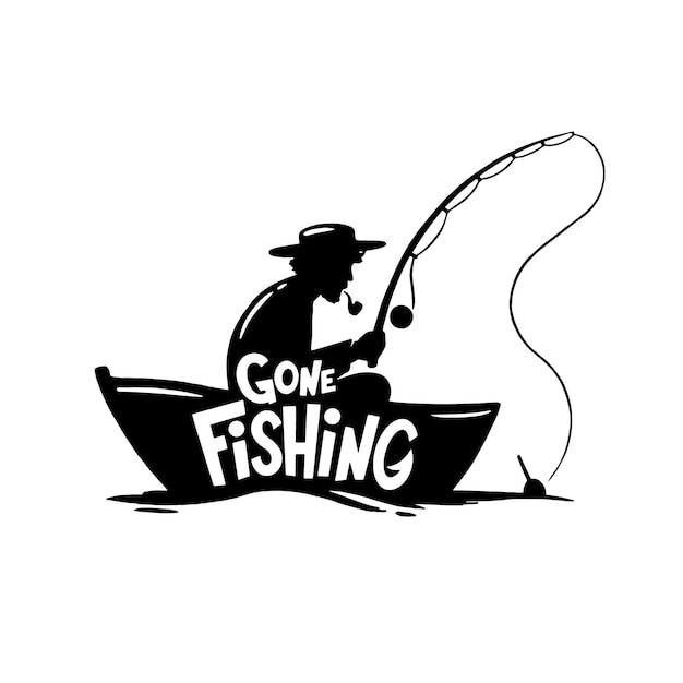 Gone fishing inllustratin. Alone fisher with spinning rod in boat