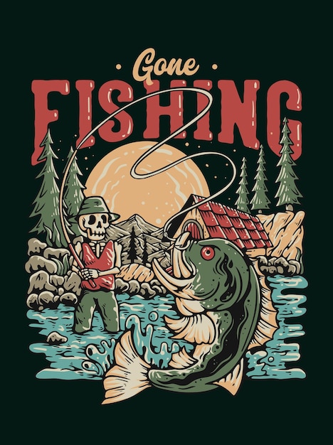 Gone Fishing schedel skelet t-shirt ontwerp